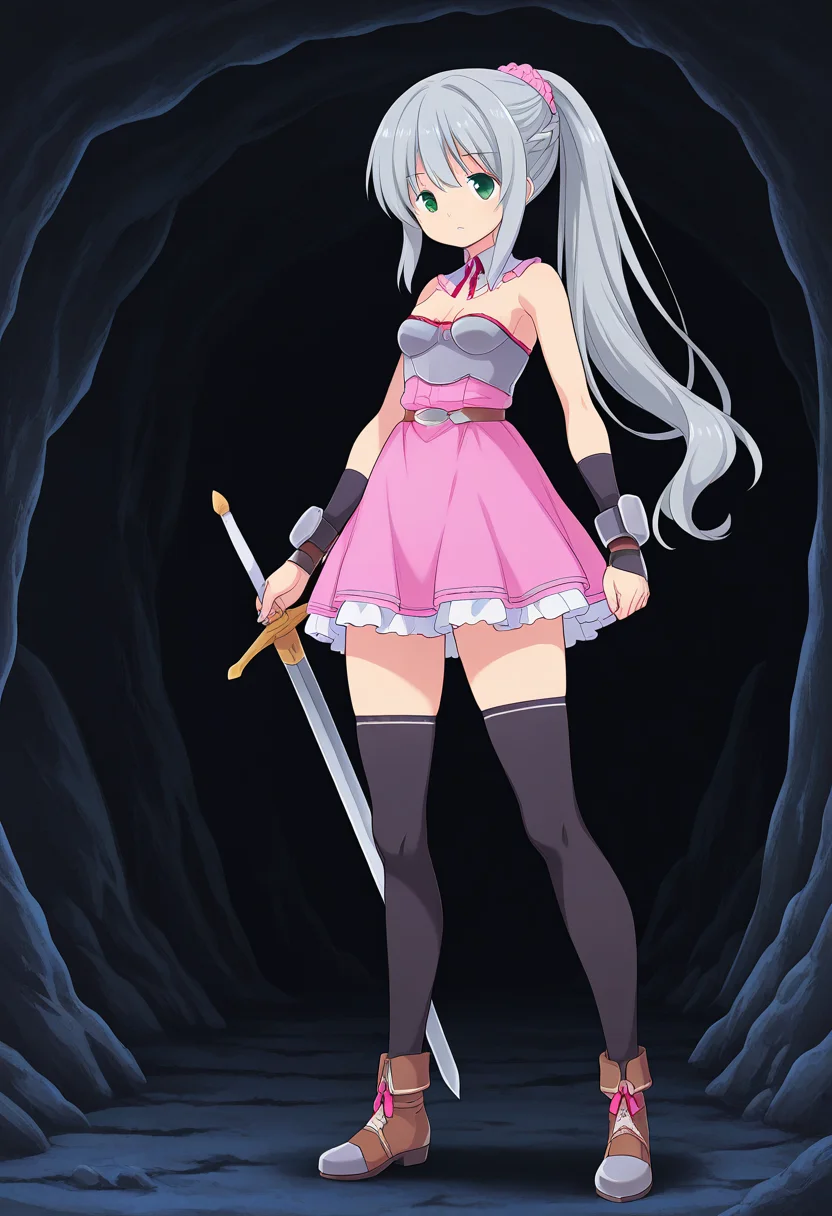 1girl, solo, lalaciellalanciel, grey hair, very long hair, braid, ponytail, hair scrunchie, green eyes, detached collar, strapless dress, armor, arm_guards, bracers, breastplate, medium breasts, black thighhighs, boots, holding sword, cave, serious, parted lips, standing, full body,