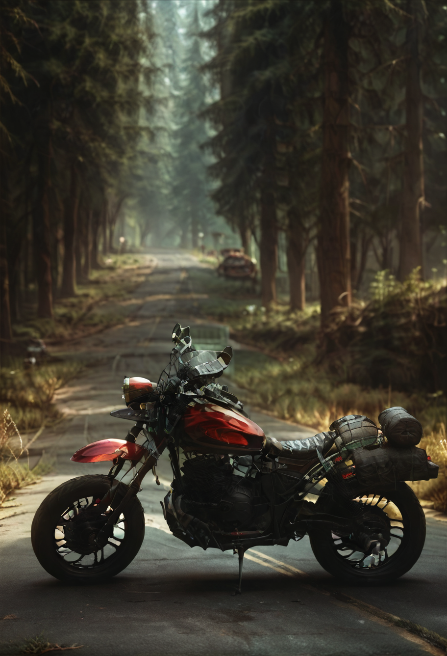 ,ruanyi0960,motorcycle,outdoors,forest,no humans,<lora:0960 Motorcycle parked on forest road_v1_pony:0.9>, score_9,score_8_up,score_7_up,,8k,1girl,solo,,