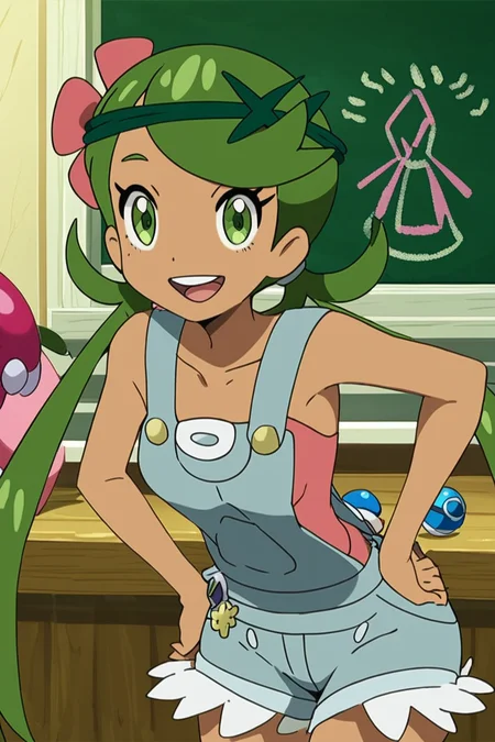 score_9, score_8_up, score_8, medium breasts, (curvy), cute, eyelashes, BREAK, 1girl, solo, long hair, looking at viewer, smile, open mouth, shirt, hair ornament, twintails, green eyes, standing, collarbone, flower, :d, cowboy shot, green hair, teeth, sleeveless, indoors, hair flower, dark skin, dark-skinned female, bare arms, pokemon (creature), leaning forward, swept bangs, pink flower, pink shirt, hands on hips, poke ball, overalls, chalkboard ,BREAK, cowboy shot, smile, looking at viewer, Expressiveh, <lora:Alola_Style_PDXL:1.0>, <lora:Expressive_H-000001:0.4>,