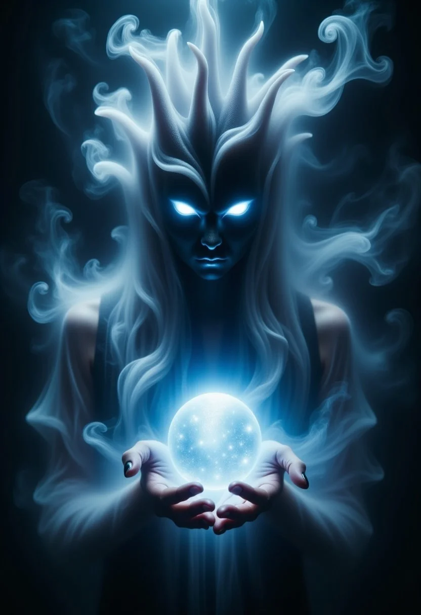 Une figure éthérée, enveloppée dans une brume argentée qui semble s'évaporer et se reformer en spirales autour de son corps. Elle a des yeux brillants comme des étoiles dans la nuit, et des volutes de brume serpentent autour de ses mains, formant des visages fantomatiques qui disparaissent aussitôt apparus. Dans ses mains, elle tient une sphère de cristal qui émet des éclats de lumière bleue, illuminant la brume et créant des ombres mouvantes. Son aura, mystérieuse et envoûtante, semble prédire les mystères des profondeurs brumeuses.