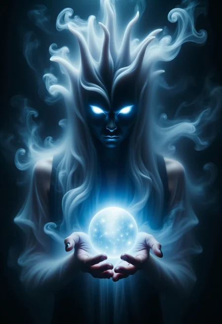 Une figure éthérée, enveloppée dans une brume argentée qui semble s'évaporer et se reformer en spirales autour de son corps. Elle a des yeux brillants comme des étoiles dans la nuit, et des volutes de brume serpentent autour de ses mains, formant des visages fantomatiques qui disparaissent aussitôt apparus. Dans ses mains, elle tient une sphère de cristal qui émet des éclats de lumière bleue, illuminant la brume et créant des ombres mouvantes. Son aura, mystérieuse et envoûtante, semble prédire les mystères des profondeurs brumeuses.