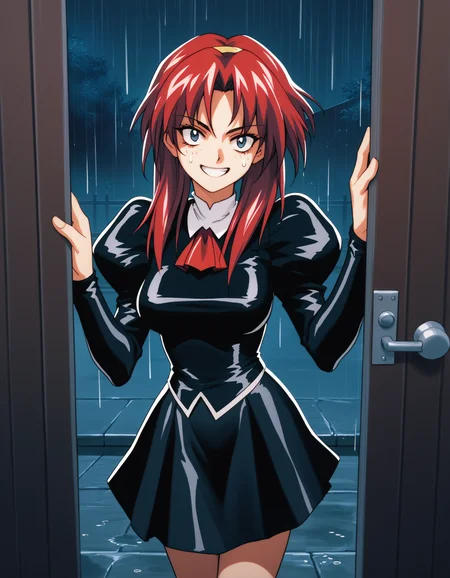 score_9, score_8_up, score_7_up
<lora:maypia-alexymetalia-ponyxl-000050:1> m4yp1a, red hair, black uniform, black skirt, juliet sleeves, red ascot,
1girl, through open door, grin, night, dark, looking at viewer, rain, drenched, drenched hair,