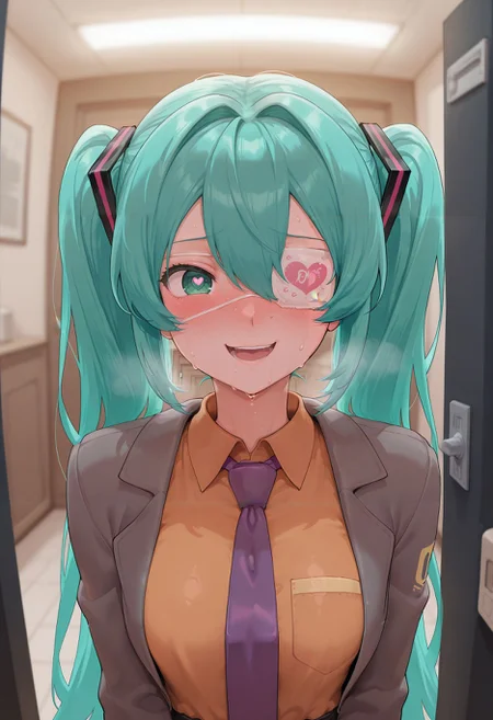 masterpiece,best quality,amazing quality, absurdres,<lora:blacktan_style_ilxl_goofy:1>1girl, medical eyepatch, hatsune miku, twintails, open mouth, blush, heart-shaped pupils, purple necktie, collared shirt, symbol-shaped pupils, jacket, sweat, looking at viewer, hair between eyes, smile, green eyes, upper body, indoors, door, orange shirt, hair intakes