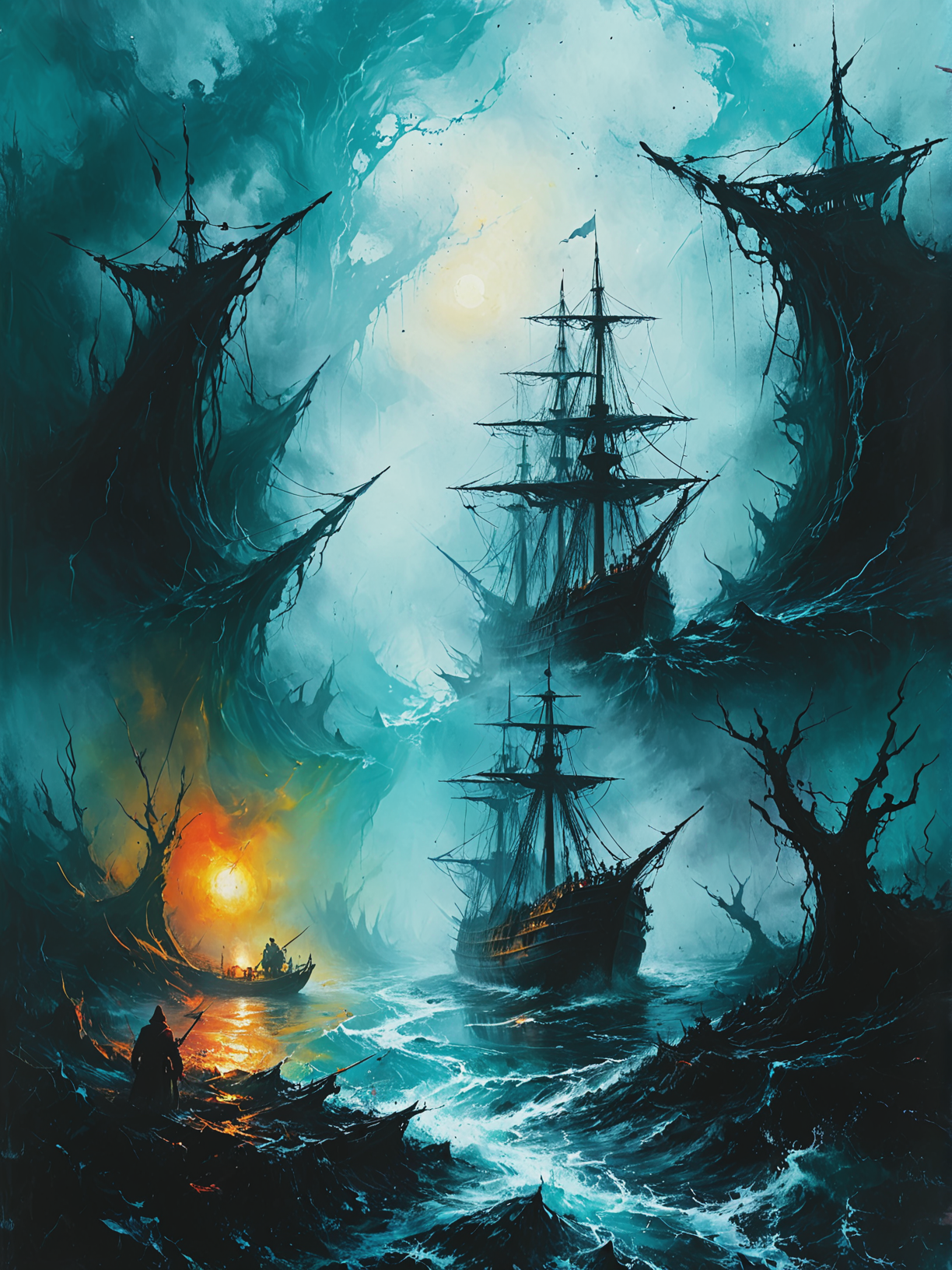 Ghostly ships navigate the river Styx, ultra-fine digital painting, <lora:xl_more_art-full_v1:0.3>,  <lora:Desolation:0.6> <lora:gorgoeus_splash_of_vibrant_paint:0.7> Gorgeous splash of vibrant paint