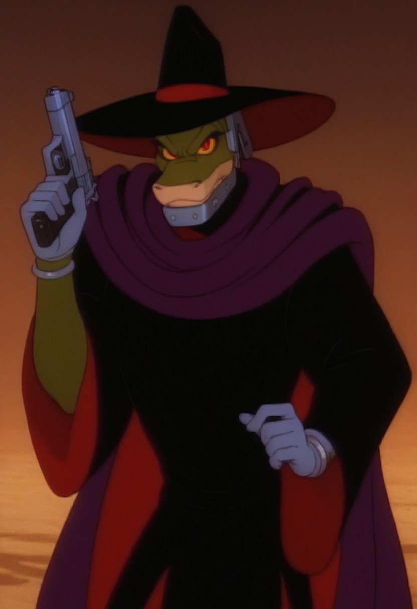 score_7, score_8, score_9, dynamic lighting, detailed background, background is dessert, sand, mesas, sundown, (close up), cowboy shot,
BREAK 
Solo, 1boy, ((anthropomorphic)), furry male, male snake, male, green skin, bald, animal nose, narrow waist, tall, metal hands, grey hands, grey bracelets, steel jaw, yellow sclera, red eyes
BREAK 
standing, looking at viewer, angry, black and red witch hat, black and red cloak, ((purple cape)), ((holding pistol))