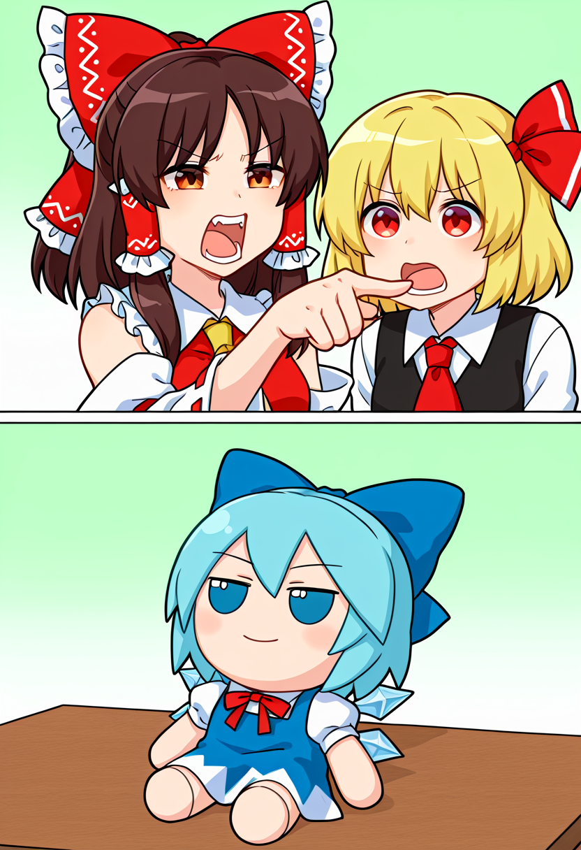 masterpiece, best quality, absurdres, woman_yelling_at_cat_(meme), comic, 2koma, 2girls, 1boy,
BREAK
rumia, hakurei reimu, pointing, pointing at another, 
BREAK
cirno, looking up, upper body, closed mouth, fumo \(doll\), on table,
 <lora:Woman_yelling_at_cat_meme:1>