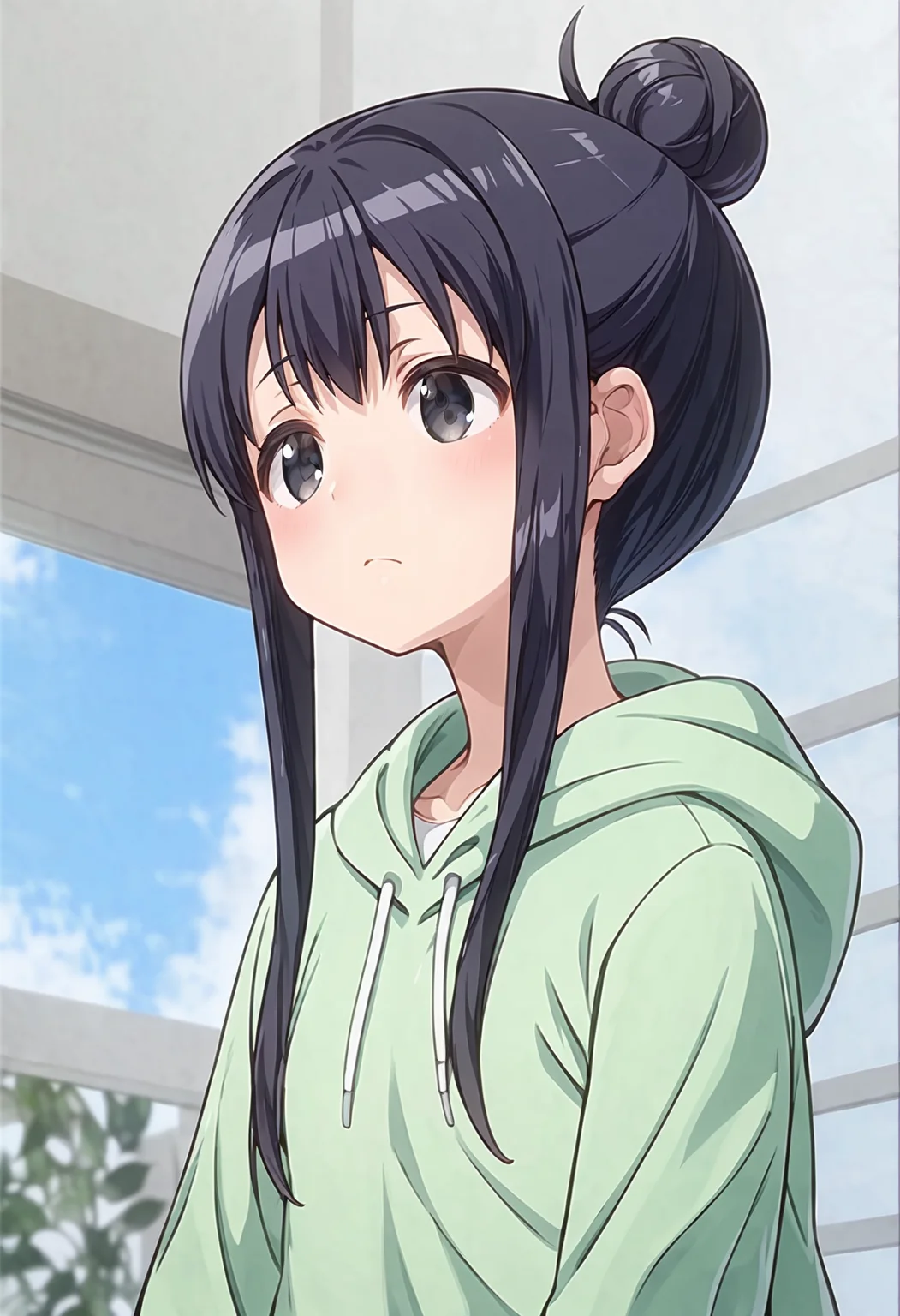 score_9, score_8_up, score_7_up, source_anime, <lora:lowres_concept_ponyXL_v1:-0.3>
BREAK,
<lora:annaka_moe_PonyXL_v1-000015:1> annaka moe, single hair bun, long hair, black hair, black eyes,
1girl, solo,
;/,
blush ,
clear green hoodie black __bottoms__ ,
Low Angle, looking up, from side, Tapas Bar bokeh, depth of field,