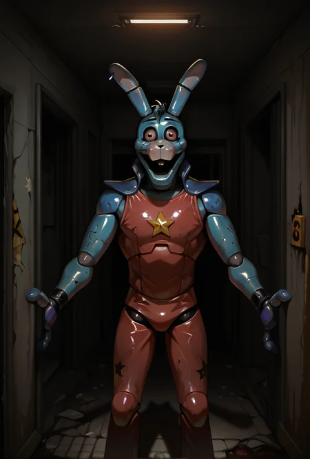 <lora:glambon-10:1> glambon, rabbit ears, cyan skin,, male focus, red swim suit, sleeveless, , solo, star (symbol), robot, furry,   <lora:Analogue_Horror:1> analogue horror, horror, horror (theme), detroyed building background, abandoned building, dark, lafhlight pov,, masterpiece, best quality, amazing quality, very aesthetic, absurdres, newest,