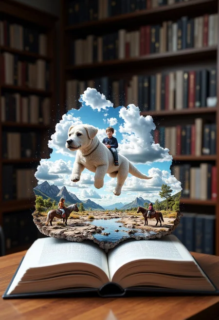 On top of a wooden table in a library full of books on shelves. The book's pages are open, fantastical scene. The central subject is an open book, mixed-media piece that merges a scene of a (((white furry Chinese dragon with the head and short legs of a white dog, droopy ears and thick white furry mustache))) soaring through the sky. On the dragon sits a boy in casual clothing. They are flying over a grey waste land. On the ground is a boy with long hair riding on a horse. Projected in the scene is the text "The Neverending Story"