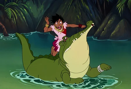 Tick tock crocodile,male animal focus,tail, crocodile open large mouth ,green skin, blue eyes, Tick Tock the crocodile is giant and very huge size,teeth, swimming in water,partially submerged,Tick Tock the crocodile looking at a young Choi mochimazzi who she is sitting on Tick Tock the crocodile belly floating on the water on his back. choim,Choi mochimazzi ,short hair, black hair, red eyes, dark-skinned female,purple eyes,
dress, jewelry, dark skin, necklace, bracelet, wristband,anklet, barefoot,open mouth,river,palm trees, jungle tropical, Disney, anime,tamako market