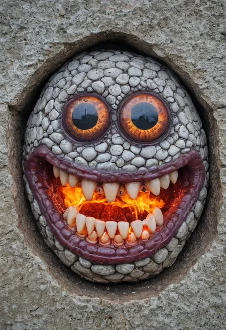 tentacle teeth stone fire eyeball smile portrait