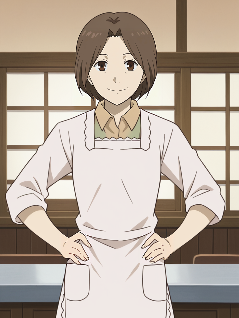 <lora:Touko_Fujiwara-Natsume_Yuujinchou:1>,Touko,1girl,solo,old woman,brown hair,brown eyes,short hair,shirt,kappougi,apron,cowboy shot,hands on own hips,smile,looking at viewer,indoors