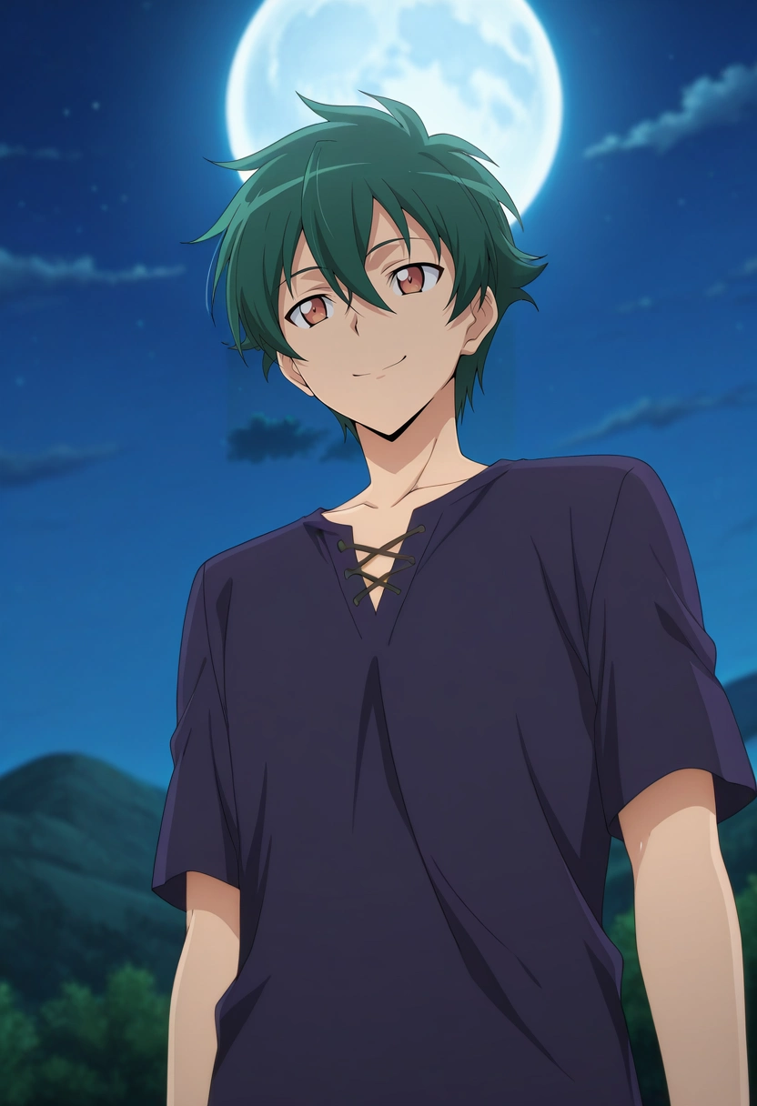 masterpiece, best quality, intricate details, anime screencap, anime coloring, official style, , 1boy, solo, male focus, <lora:sadao_maou_ilxl:0.94>, sadao_maou, green hair, brown eyes, s2, short hair, hair between eyes, from below, hill, night, full moon, arms at sides, giggling,