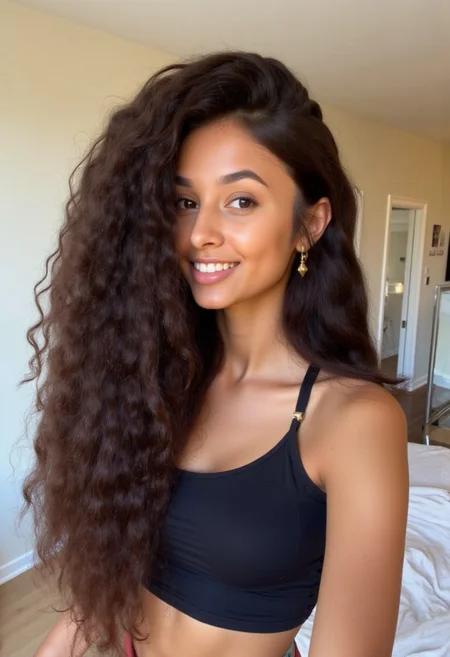 High-resolution photograph featuring a young woman of mixed ethnicity, likely of African and European descent, standing indoors in what appears to be a modern, minimally decorated bedroom. She has a warm, golden brown skin tone and a radiant smile, revealing straight, white teeth. Her hair is an impressive, voluminous mass of curly, dark brown hair that cascades down her right side, reaching her waist.
