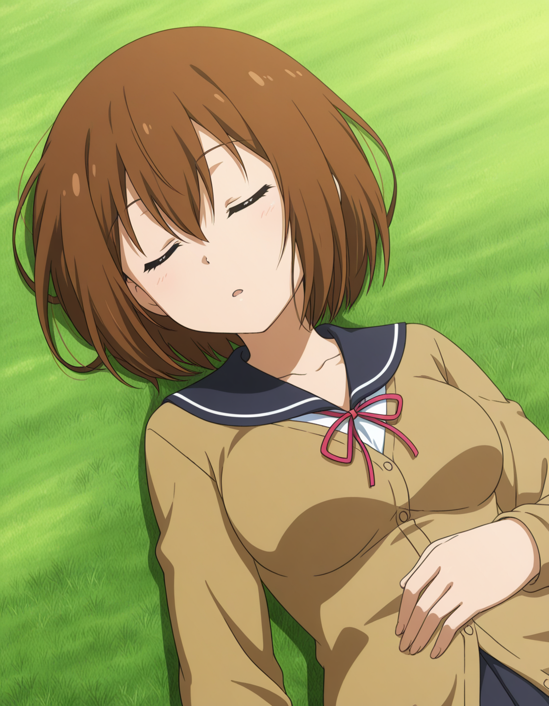 1girl, solo, takamiya nasuno, brown hair, short hair, hair between eyes, sleeping, closed eyes, happy, medium breasts, school uniform, brown cardigan, long sleeves, sailor collar, neck ribbon, pleated skirt, lying on back, grassfield, from above, anime coloring, light theme <lora:takamiya_nasuno_ilxl_v1:0.8>
