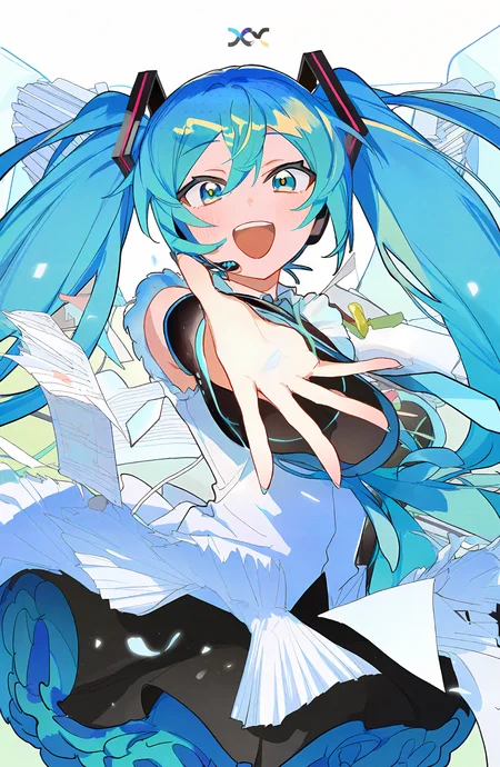 hatsune_miku, 1girl, solo, long_hair, looking_at_viewer, smile, open_mouth, blue_eyes, shirt, skirt, very_long_hair, twintails, blue_hair, white_shirt, :d, cowboy_shot, detached_sleeves, sleeveless, black_skirt, outstretched_arm, microphone, headset, paper, reaching, pen