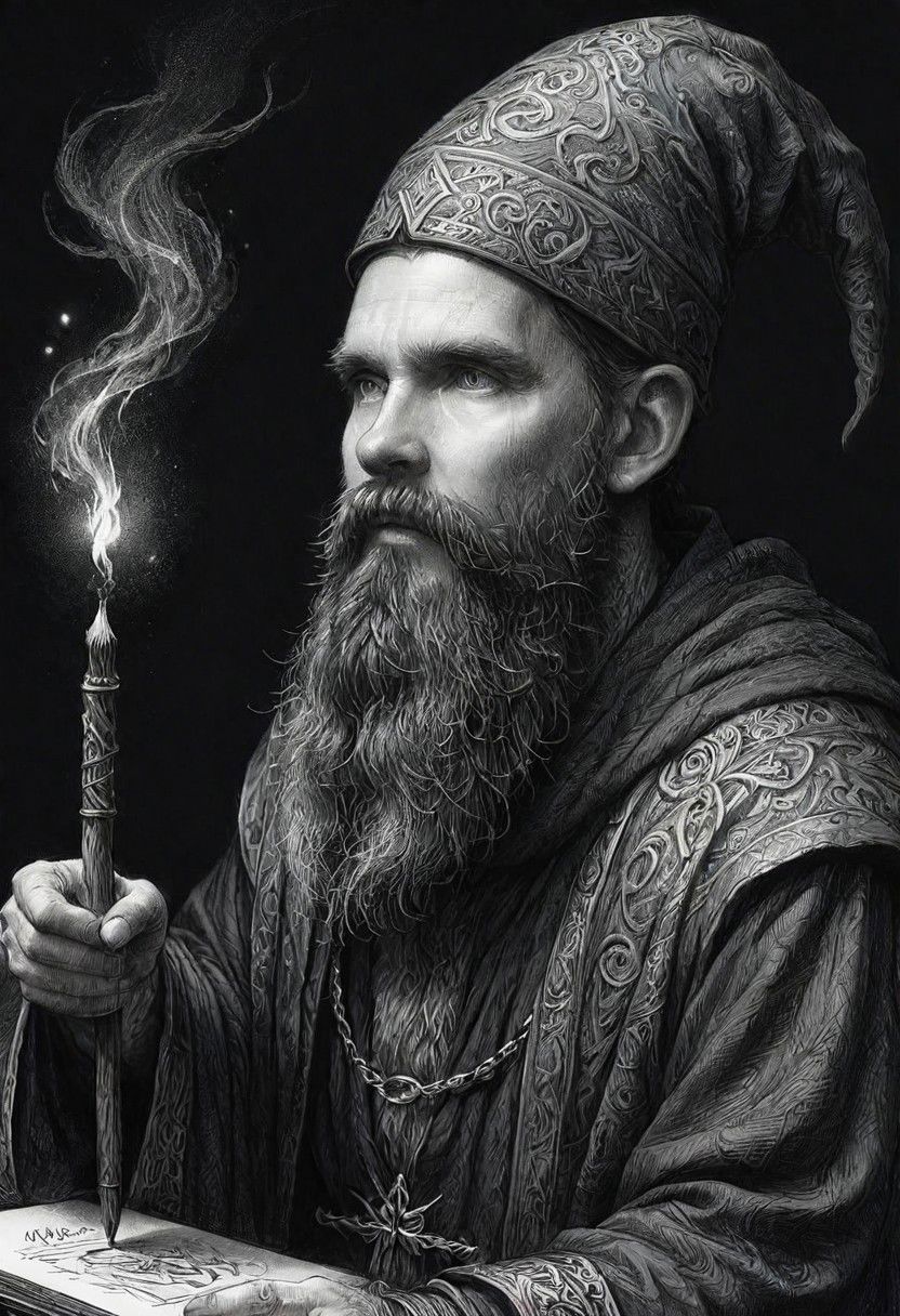 ink art, a black and white drawing of a bearded man wizard,  35 yo, a charcoal drawing by Ed Binkley, cgsociety, fantasy art, charcoal drawing, pencil sketch, detailed painting