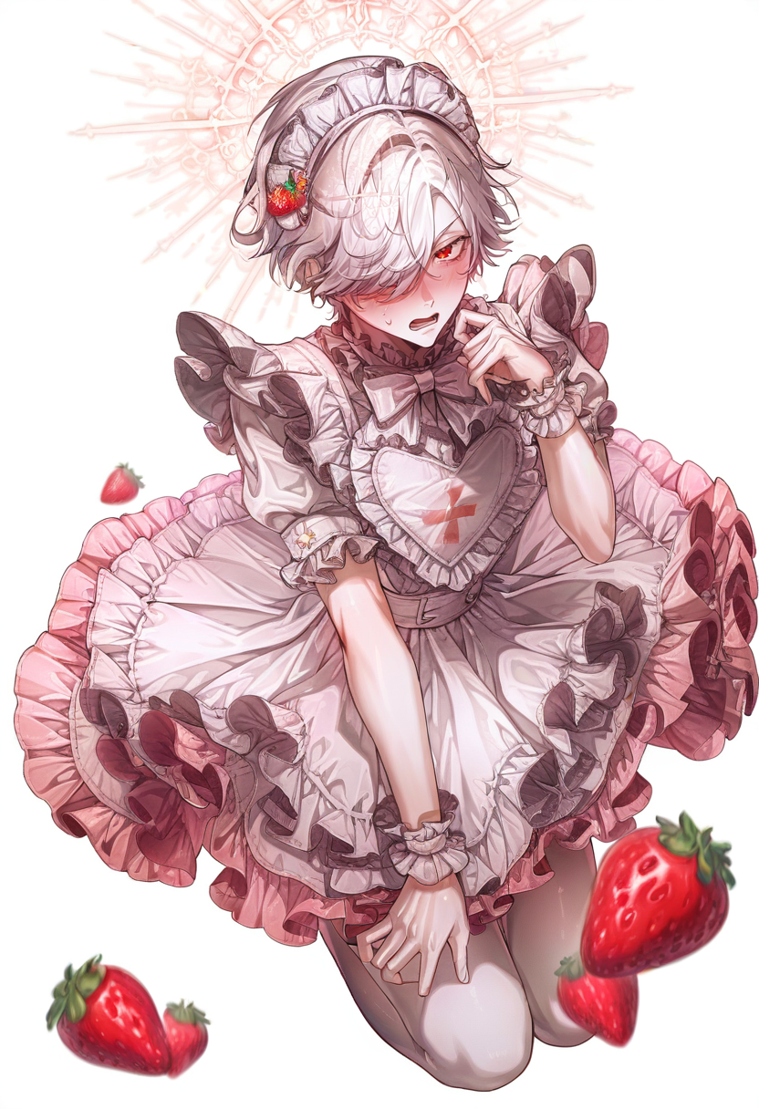 strawberry, food, fruit, 1boy, male focus, solo, frills, white hair, apron, crossdressing, blush, short hair, bow, strawberry hair ornament, red eyes, ribbon, maid, maid headdress, looking at viewer, white background, hair ornament, dress, wrist cuffs, hair over one eye, open mouth, frilled apron, maid apron, food-themed hair ornament, halo, flower, short sleeves <lora:cuso4XL_NBVP1_lokr_V6311PZ:0.95>