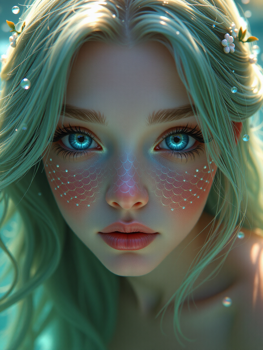 Photorealistic closeup of a mesmerizing mermaid, her ethereal face framed by flowing, shimmering sea-green hair that moves gently through the water. Her glowing, iridescent scales softly blend into her smooth, luminous skin, reflecting subtle hues of blues, purples, and greens. Her large, captivating eyes are the color of the ocean, with hints of bioluminescence that flicker softly, drawing the viewer in. Tiny pearls and seaweed adorn her hair, and the intricate patterns of delicate, translucent fins along her jawline add to her otherworldly beauty. The underwater background is softly blurred, with beams of light filtering through the water, casting a serene glow on her face, creating an enchanting and ethereal scene.

