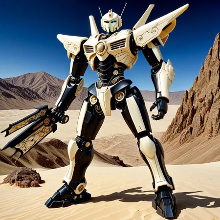 made out of, ebony, ivory, scrimshaw, bone carving, mecha, standing, pose, super robot anime, anime style,  desert mountain, 2d high score, masterpiece, best quality, absurdres,