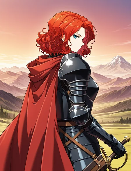 <lora:Alicia_Termina_Magentano__The_Greatest_Estate_Designer:1>
1 girl, solo, red hair, blue eyes, medium hair, curly hair
armor, red cape, black shoulder armor, black pauldrons, black gauntlets, black breastplate, sheath, sword
score_9, score_8_up, score_7_up, source anime, BREAK, cowboy shot, (from side), looking back, looking at viewer, overlooking mountain, high altitude, scenery, exterior, background, (solo), perfect hands