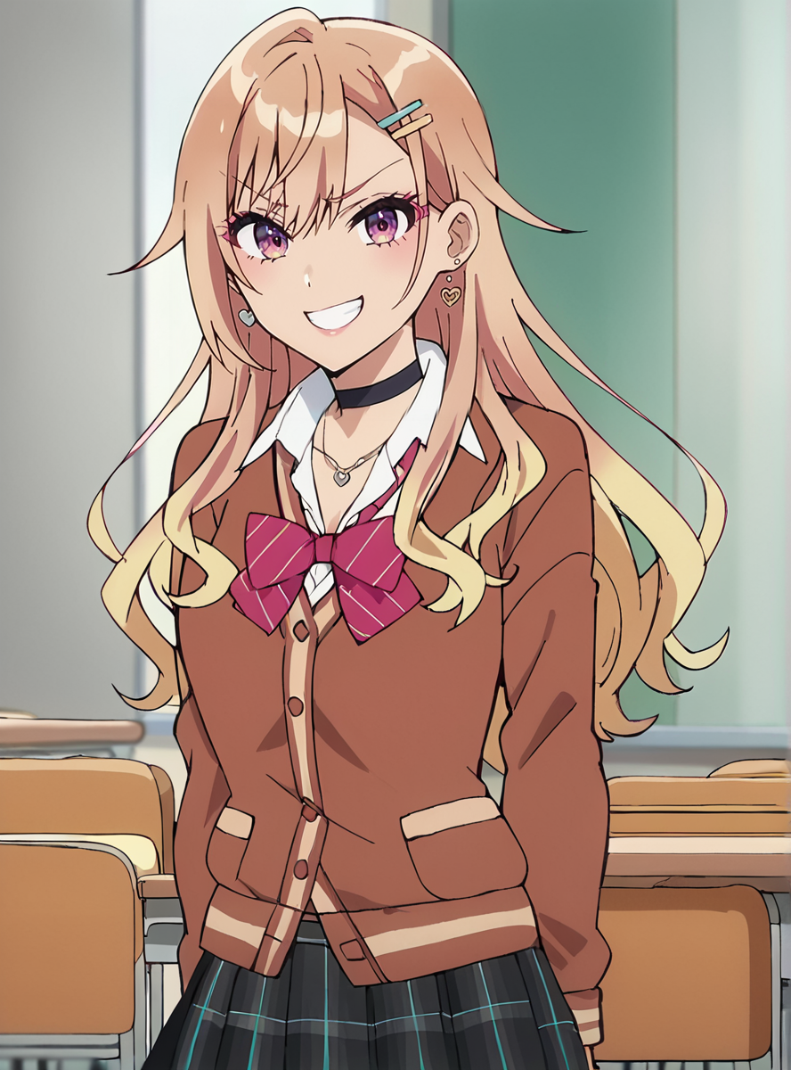 score_9, score_8_up, score_7_up, score_6_up, score_5_up, score_4_up , source_anime, anime screencap, anime coloring,    <lora:Utatane_Yasumi:0.8>yasumiutatane, 1girl, long hair, hair ornament, jewelry, earrings, hairclip, skirt, choker, school uniform, bow, gyaru, purple eyes (large breast) looking at viewer,pleated skirt, thick thighs,  smirk,