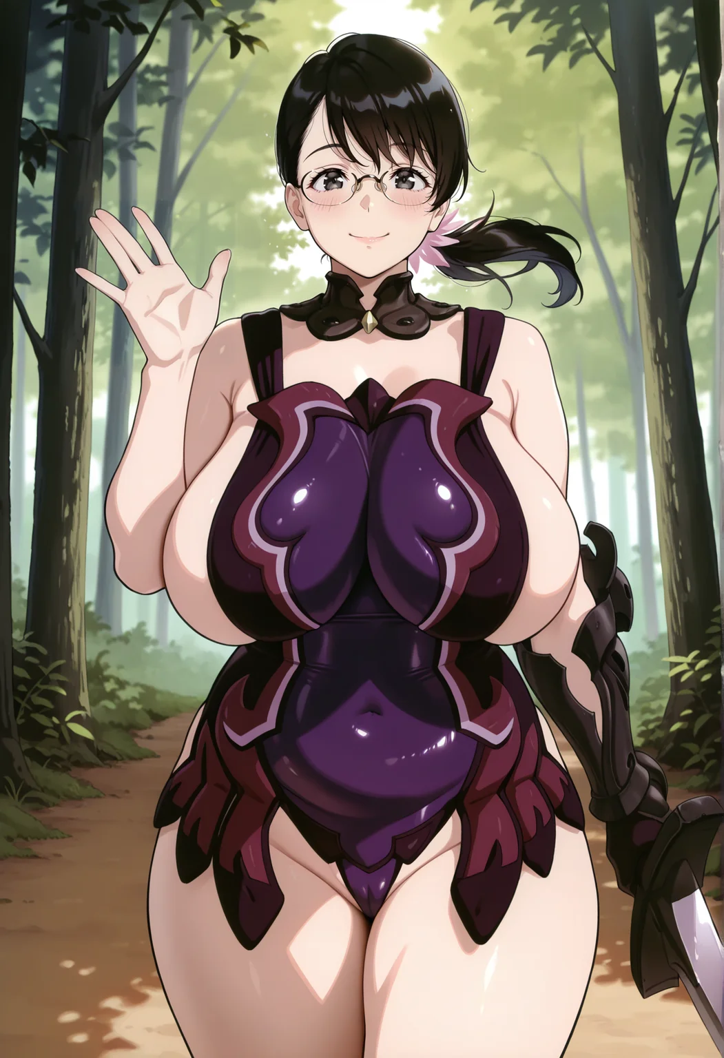 1girl, medium hair, black hair, black eyes, glasses, low ponytail, leotard, straps, asymmetrical armwear, single gauntlet, holding sword, looking at viewer, smile, outdoors, forest, cowboy shot, waving <lora:catleya_illus:1>, masterpiece, best quality, amazing quality, very aesthetic, absurdres, highres, newest