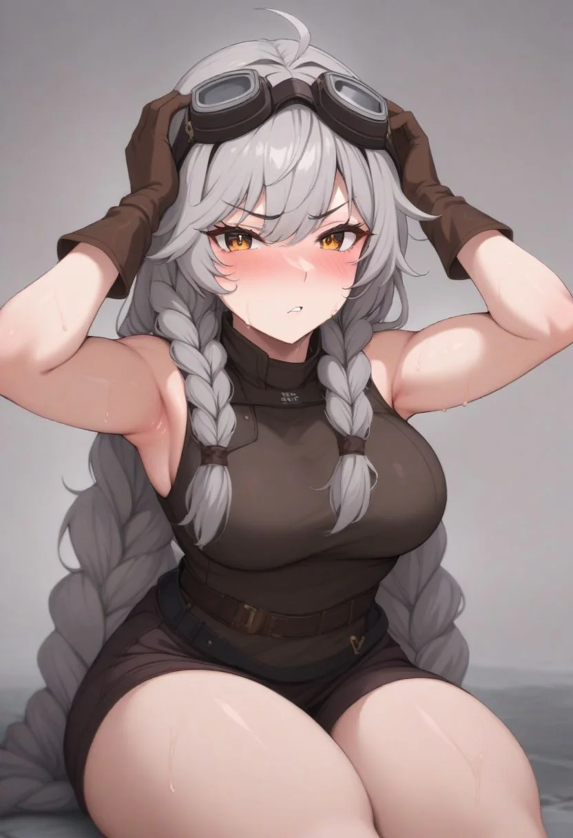 Wrenna_Ilias, 1girl, braid hard, gloves, solo, goggles_on_head, goggles, long_hair, sitting, shorts, grey_hair, breasts, twin_braids, sweat, brown_gloves, thighs, armpits, looking_at_viewer, thick_thighs, very_long_hair, ahoge, blush, 50mm photograph, 8k, masterpiece, high detail.