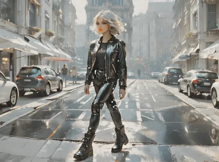 score_9, score_8_up, score_7_up, full body image, environment interaction, walking, 1girl, pale skin, medium breasts, <lora:sm0k3XLP:1>, <lora:goth_clothes:1>, Black leather jacket, black leather pants, black riding boots, white highlights, Shoulder length hair, unnatural haircolor, <lora:art_deco_v4_pony:1>, <lora:Eldritch_Universe_Style:1>,