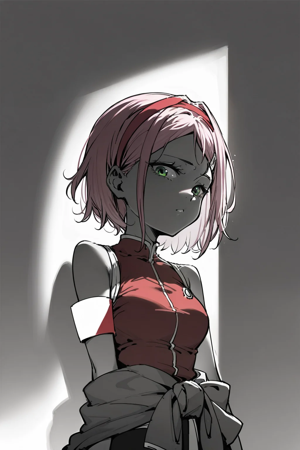 score_9, score_8_up, score_7_up, haruno sakura, armband, bare shoulders, clothes around waist, green eyes, hairband, pink hair, red shirt, sleeveless, solo, solo focus, portrait, simple background, black background, monochrome, greyscale, dark Leaning against a wall, spot color, <lora:dblack:1>