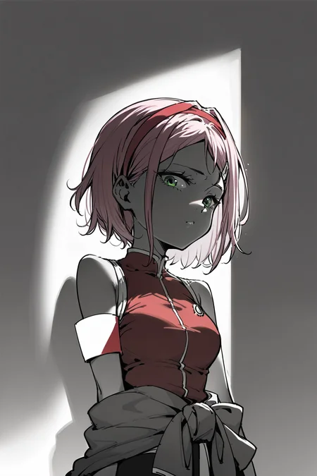 score_9, score_8_up, score_7_up, haruno sakura, armband, bare shoulders, clothes around waist, green eyes, hairband, pink hair, red shirt, sleeveless, solo, solo focus, portrait, simple background, black background, monochrome, greyscale, dark Leaning against a wall, spot color, <lora:dblack:1>