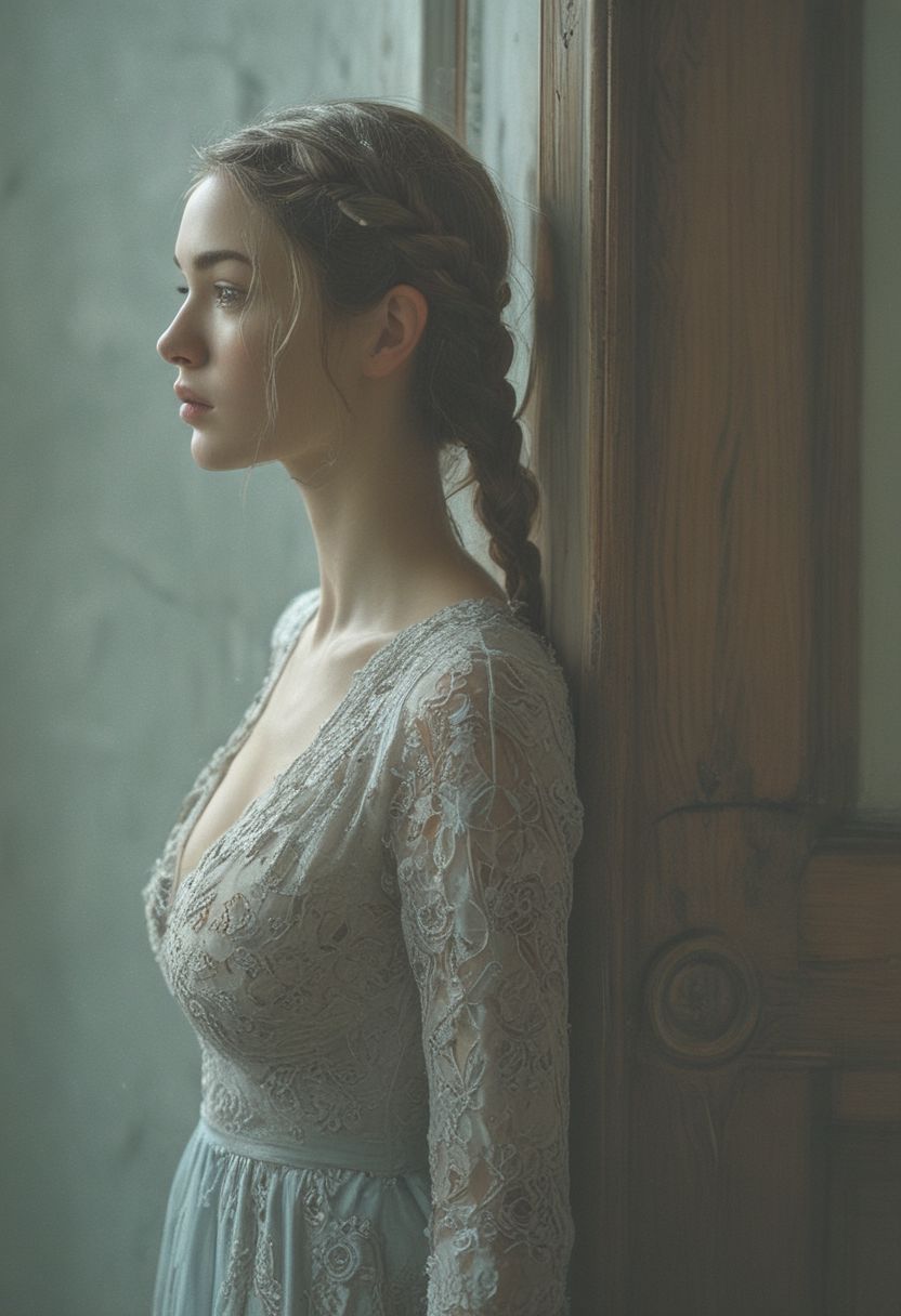 (Fantasy themed and dramatic scenery in a bar at midnight, silky and pretty thin female crouched in the dark corridor, peering from out behind a wooden oak door, slender body with arched back in a tight body suit, wide ass, round ass, fairy wings lightly glowing green, perfectly round and uplifted breasts, fancy makeup, braided hair, filigree jewelry, wet skin, huge glowing aura:1.5), (rubber body suit:1.2), cinematic photo dark photo of a mysterious female face and black accentuate, (closeup knife blade carefully pressed up against her face as if to show her ability to be crazy:1.7), (accentuate light blue pupils, eyes pop:1.4), shallow depth of field, vignette, highly detailed, moody, epic, gorgeous, film, atmospheric haze, dynamic lighting