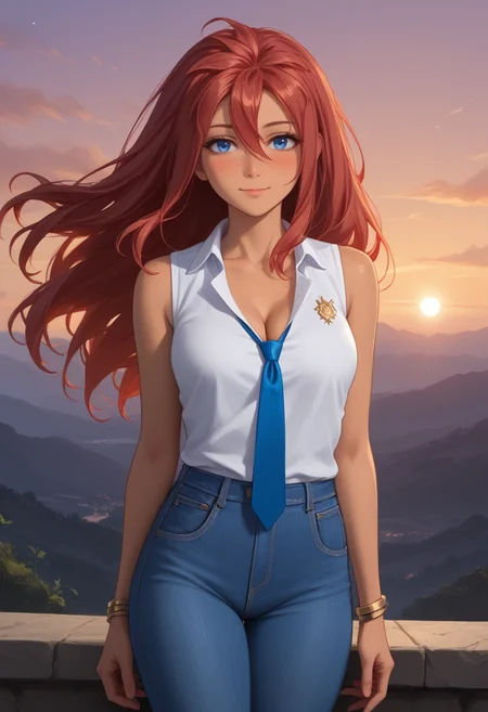 score_9, score_8_up, score_7_up, 
best quality, masterpiece, ultra detailed,
18 years old, 170 cm height,
<lora:Expressive_H:1>, expressiveh, light smile, blush, closed mouth, 
looking at viewer,
dynamic pose, cowboy shot,
head, torso, thighs, knees in the image, standing,
<lora:Everlasting_Summer_Ulyana_by_GraffMetal:1>, ulyana, red hair, hair between eyes, blue eyes, face freckles, body freckles, dark skin, straight hair:1, long hair, 
wear white shirt and blue jeans, bracelet on left hand, sleeveless, blue tie, cleavage,
sunset, warm light, cozy, atmospheric background, purple colors background,
amazing background,