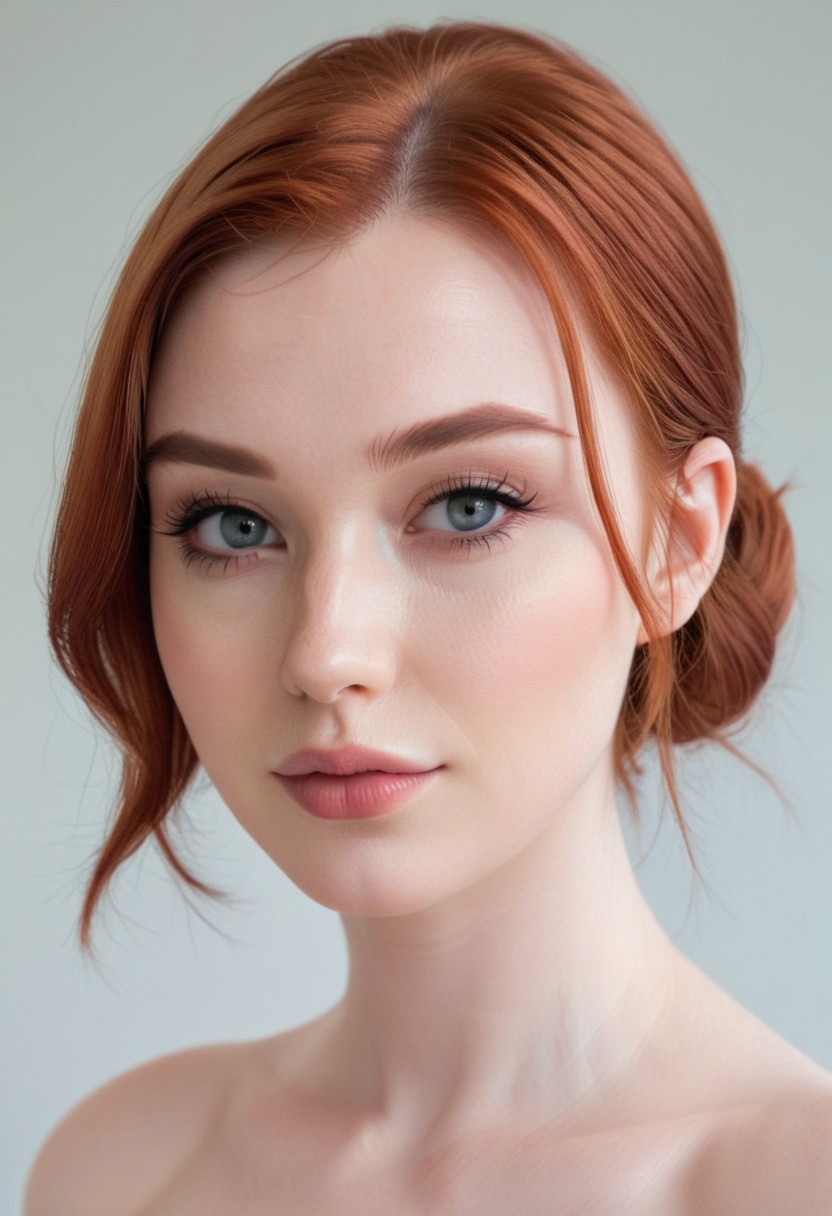 E1thalalias, a beautiful young woman with fair, porcelain-like skin and red hair styled in a soft, elegant low bun with a few loose strands framing her face. She has striking, large grey eyes with long eyelashes, subtle eyeshadow, defined brows, and softly blushed cheeks. Her lips are full with a natural pink gloss. The image is composed from head to cleavage, with flattering, soft lighting. Set against a clean white background. Hyper-realistic, high detail, studio portrait, front-facing, centered composition, naked, small breasts, arms behind the head, full body view, lower body