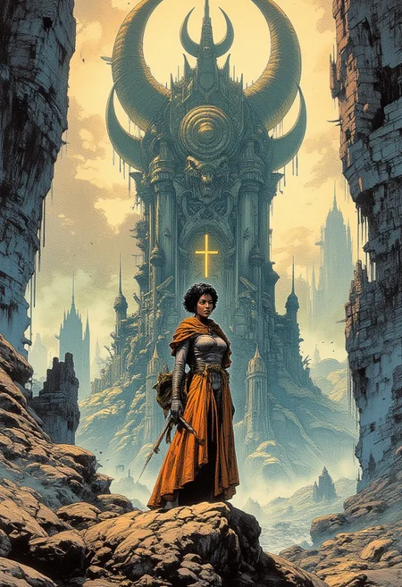 A female african space marine stands in front of the chaos temple, cliffs towering behind, dramatic scenery, sci-fi city in the distance, masterpiece, intricate detail, faded background, Alphonse Mucha Style page, lineart, ambient light