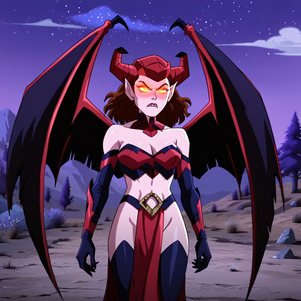 score_9, score_8_up, score_7_up, BREAK, darklillith, horns, glowing eyes, wings, pointy ears, outdoors, night, scowl