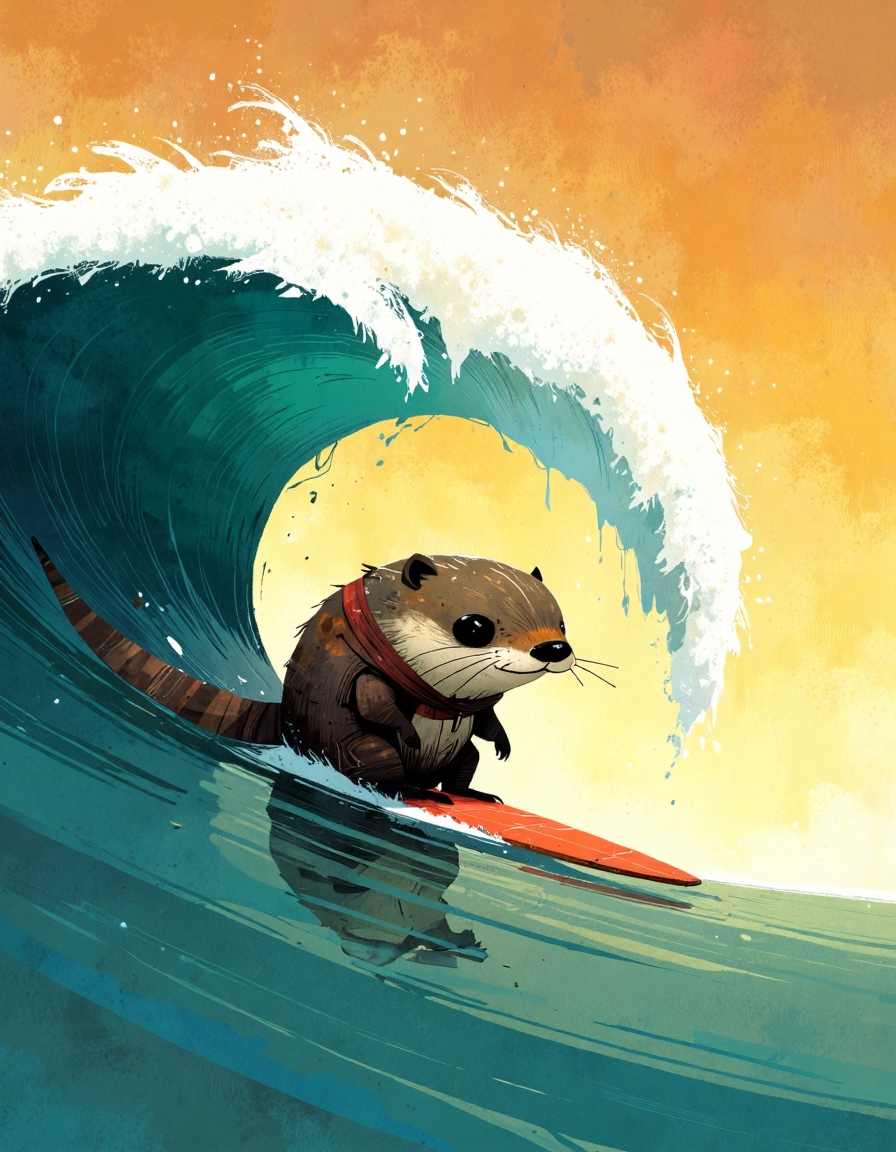 ppstorybook,A cool, laid-back otter surfing a huge wave at sunrise, the ocean spray catching the golden light as the board glides effortlessly across the water.