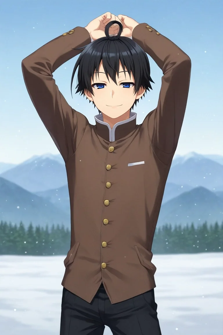 score_9, score_8_up, score_7_up, source_anime, rating_safe, , (3d:0.4), , depth of field, 1boy, solo, male focus, <lora:misogi_kumagawa_pony:0.74>, misogi_kumagawa, black hair, blue eyes, short hair, ahoge, cowboy shot, snowy mountain, midnight, arms above head, half-closed eyes, smile, , <lora:sdxl_lightning_8step_lora:1>