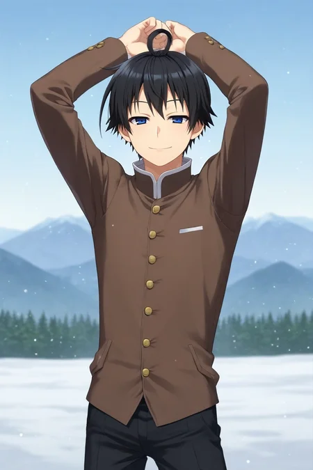 score_9, score_8_up, score_7_up, source_anime, rating_safe, , (3d:0.4), , depth of field, 1boy, solo, male focus, <lora:misogi_kumagawa_pony:0.74>, misogi_kumagawa, black hair, blue eyes, short hair, ahoge, cowboy shot, snowy mountain, midnight, arms above head, half-closed eyes, smile, , <lora:sdxl_lightning_8step_lora:1>