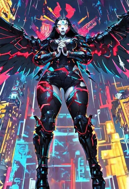 masterpiece, best quality, very aesthetic, absurdres, cyber punk, black hair, long hair, white skin, big eyes, simétricas eyes, glowing yellow eyes,  tech circlet, tech mask, head down, black and neon red armour,  cyber armour, shoulder pads, red neon shoulder pads, gigantic tech neon wings, tech feathers, holy simbols armour, red and blue neon bands of fabric on armour, tech over knee boots, armoured boots, thick thighs, big hips, muscle, medium breasts, thick thighs, wings, giant wings of neon light, floating, praying,  from below,  full body, image, (background vast,  cyberpunk city, vast cyberpunk city, night sky, rain,) 