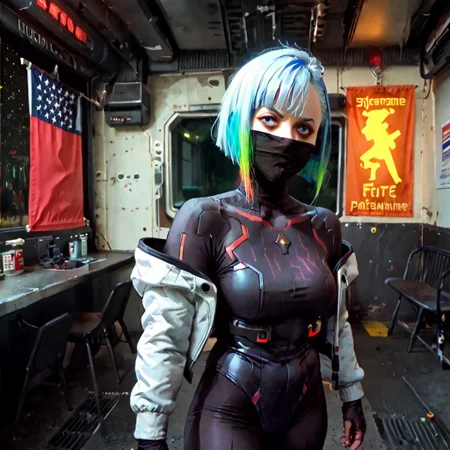 cinematic digital concept art,
saturated colors,
VG_SS, fake screenshot, english text,
<lora:cyberpunk-lucy-s1-ponyxl-lora-nochekaiser:1>, lucy, short hair, bangs, blue eyes, blue hair, multicolored hair, makeup, multicolored eyes, large breasts,
bare hips, bodysuit, jacket, leotard, monowire, off shoulder, off-shoulder jacket, open clothes, open jacket, skindentation,
boots
g4g, covered mouth, mouth silhoutte, star spangled banner mask, (nose)
framing device, leading lines, fast shutter, negative space,