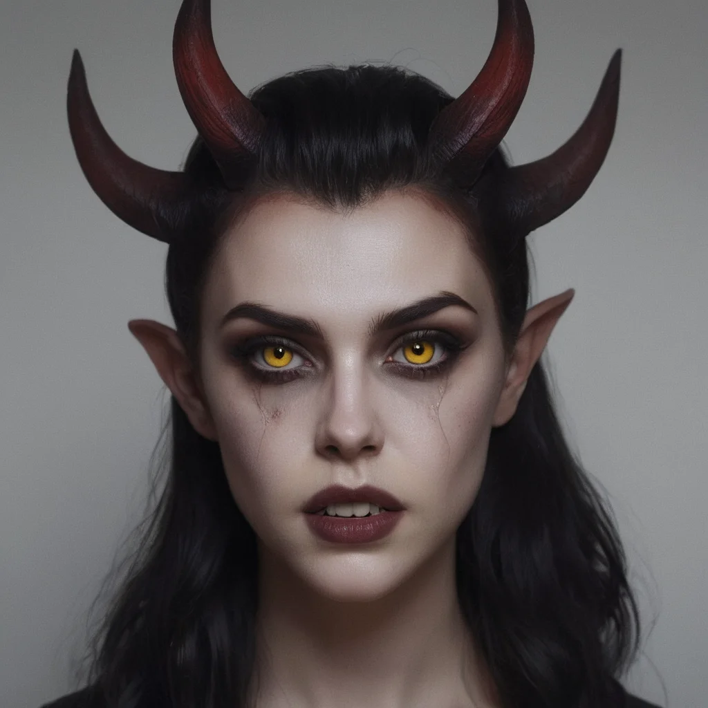 Horror-themed, <lora:Demon Girl:0.6>
Demon Girl a woman with horns and yellow eyes is staring at the camera,devil,Demon Girl style,1girl,solo,looking at viewer,short hair,yellow eyes,parted lips,horns,pointy ears,mole,lips,demon girl,portrait,mole under mouth,colored sclera,realistic , realistic, sharp, detailed, classic, 1990's, horror, photography, artistic, perfect teeth, crazy, Eerie, unsettling, dark, spooky, suspenseful, grim, highly detailed