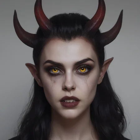 Horror-themed, <lora:Demon Girl:0.6>
Demon Girl a woman with horns and yellow eyes is staring at the camera,devil,Demon Girl style,1girl,solo,looking at viewer,short hair,yellow eyes,parted lips,horns,pointy ears,mole,lips,demon girl,portrait,mole under mouth,colored sclera,realistic , realistic, sharp, detailed, classic, 1990's, horror, photography, artistic, perfect teeth, crazy, Eerie, unsettling, dark, spooky, suspenseful, grim, highly detailed