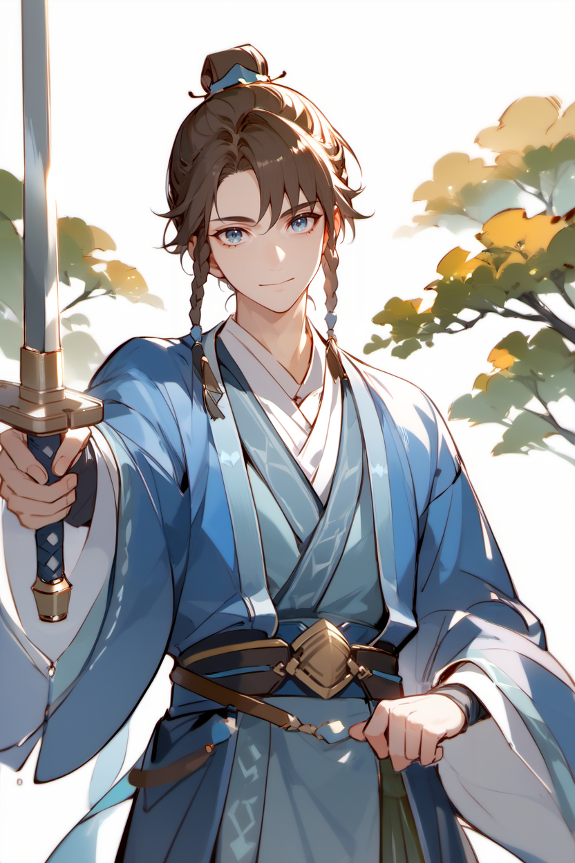 score_9, score_8_up, score_7_up, masterpiece, best quality, young boy
sky, sunshine, tree,
hujia, single hair bun, twin braids, brown hair, blue eyes, swept bangs, 1boy, kitsunehanfu, solo, looking at viewer, simple background, long sleeves, white background, holding, weapon, belt, sword, wide sleeves, water, holding weapon, holding sword, green hanfu
 <lora:HuJiaPonyV2:1>