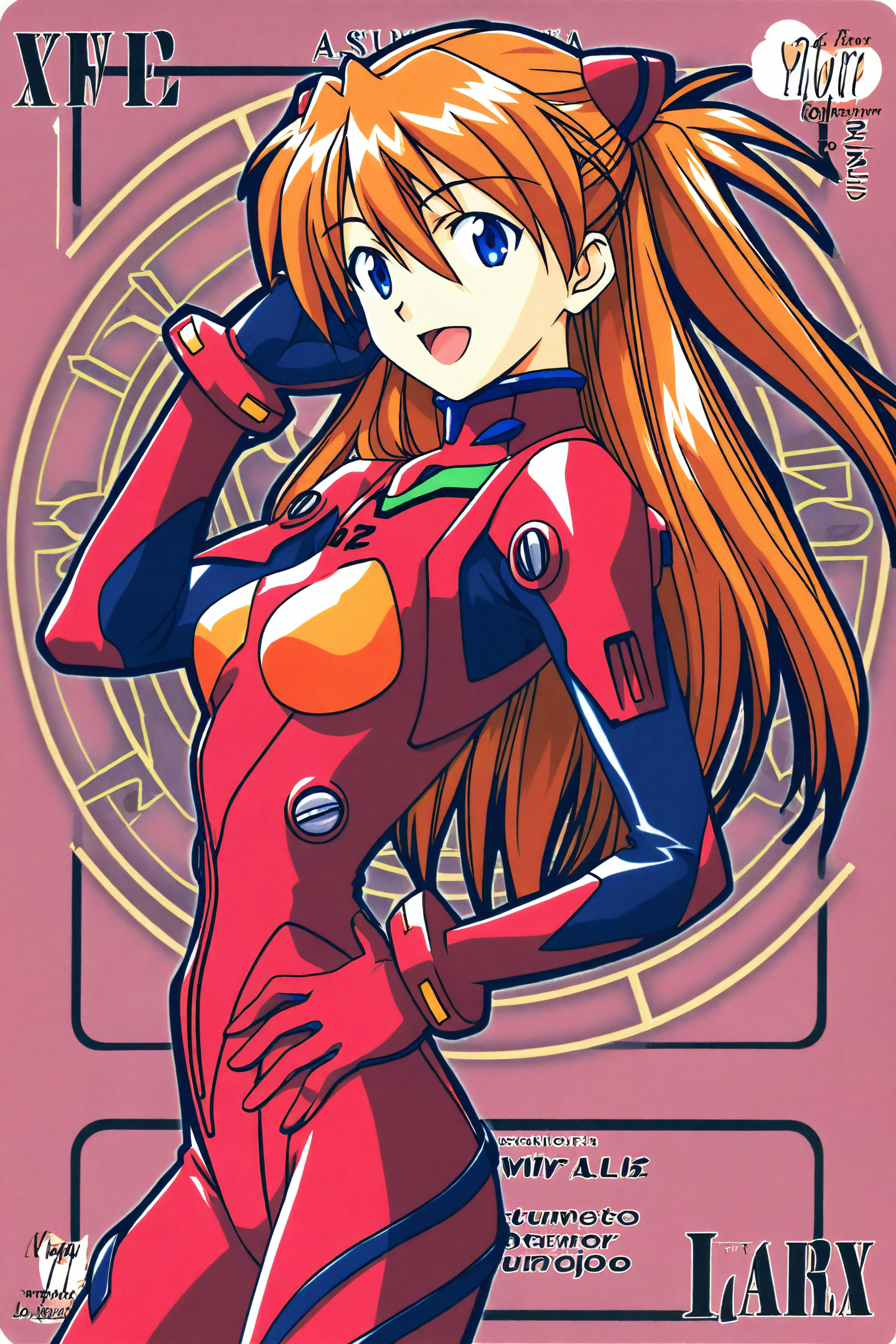 1girl,long hair,plugsuit,bodysuit,souryuu asuka langley,pilot suit,bracer,blue eyes,smile,open mouth,breasts,bangs,turtleneck,solo,cowboy shot,:d,hair between eyes,gloves,red bodysuit,small breasts,looking at viewer,headgear,two side up,hand on hip,skinny,adjusting hair,narrow waist,standing,orange hair,science fiction,hand up,hair ornament,happy,from side,skin tight,card \(medium\),
<lora:Akamatsu Ken_XL:0.8>,