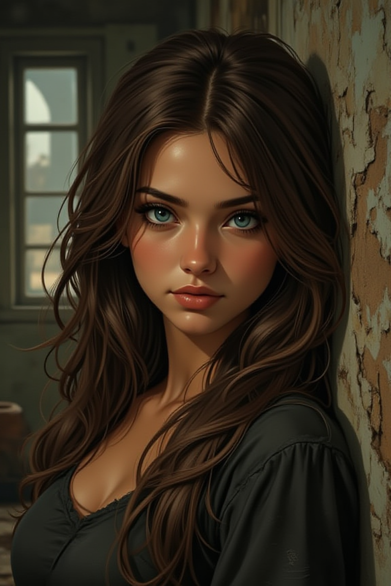 illustration, cartoon, anime, manga, drawing, A young woman with long brown hair and blue eyes gazes intently at the camera set against a rustic backdrop of worn-out walls and a window, hyper realistic