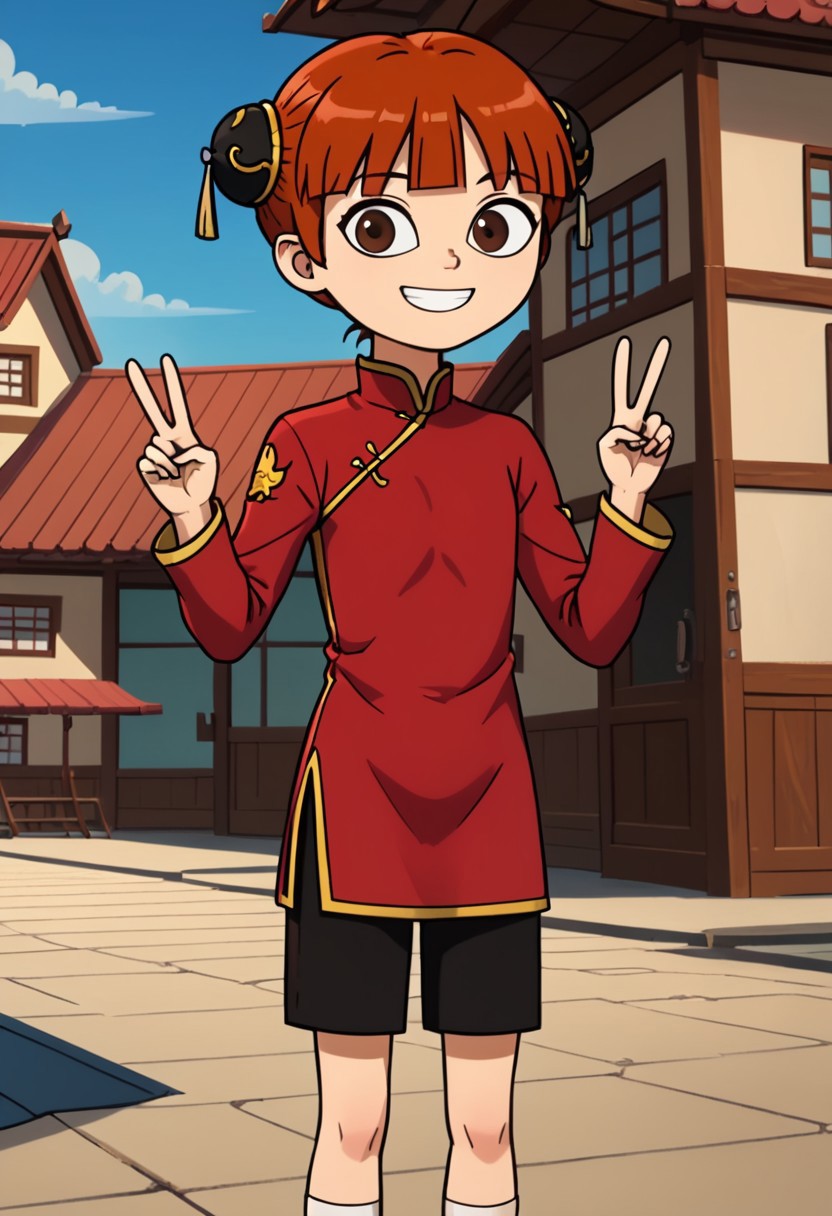 score_9, score_8_up, score_7_up, 1girl, solo, Fiore_DC, light skin, brown eyes, red hair, short hair, Double bun, bun cover, black bun cover, bangs, white socks, sandals, Chinese clothes, China dress, red cheongsam, long sleeves, black pants, big eyes, young, petite, small body, short body, child, flat chested, social smile, perfect eyes, perfect smile, looking at the viewer, detailed eyes, perfect eyes, standing, five fingers, perfect hands, hands sign peace, high-tech oedo town, blue sky, daytime, good weather, nice