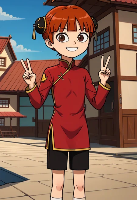 score_9, score_8_up, score_7_up, 1girl, solo, Fiore_DC, light skin, brown eyes, red hair, short hair, Double bun, bun cover, black bun cover, bangs, white socks, sandals, Chinese clothes, China dress, red cheongsam, long sleeves, black pants, big eyes, young, petite, small body, short body, child, flat chested, social smile, perfect eyes, perfect smile, looking at the viewer, detailed eyes, perfect eyes, standing, five fingers, perfect hands, hands sign peace, high-tech oedo town, blue sky, daytime, good weather, nice