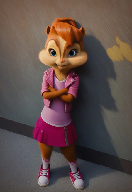 score_9, score_8_up, score_7, score_6, detailed background, town, streets, trees, brittany miller, chipmunk, furry, short ears, jean jacket, pink shirt, pink mini skirt, socks, sneakers, standing, leaning against wall, crossed arms, looking at viewer, front view, smiles, 6 inches tall