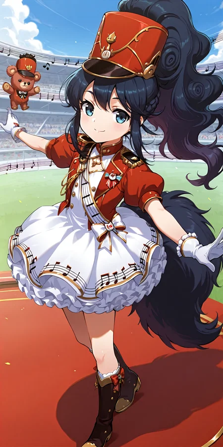score_9,score_8,masterpiece,outdoors,1girl,solo,
<lora:Light of Genesis - Langrisser:1>,Outfit_Nutcracker_Conductor,smile,white gloves,red hat,white dress,bow,boots,frills,white gloves,puffy short sleeves,stuffed animal,instrument,musical note,red headwear,red jacket,teddy bear,